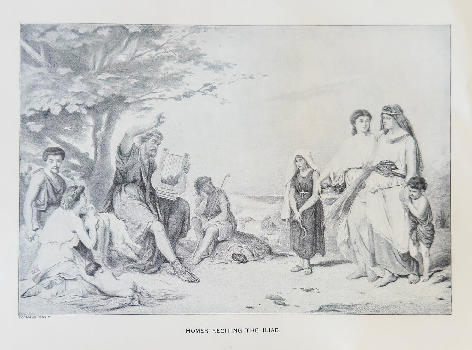 Illustration of Homer reciting 'The Iliad' to a group of people outdoors.