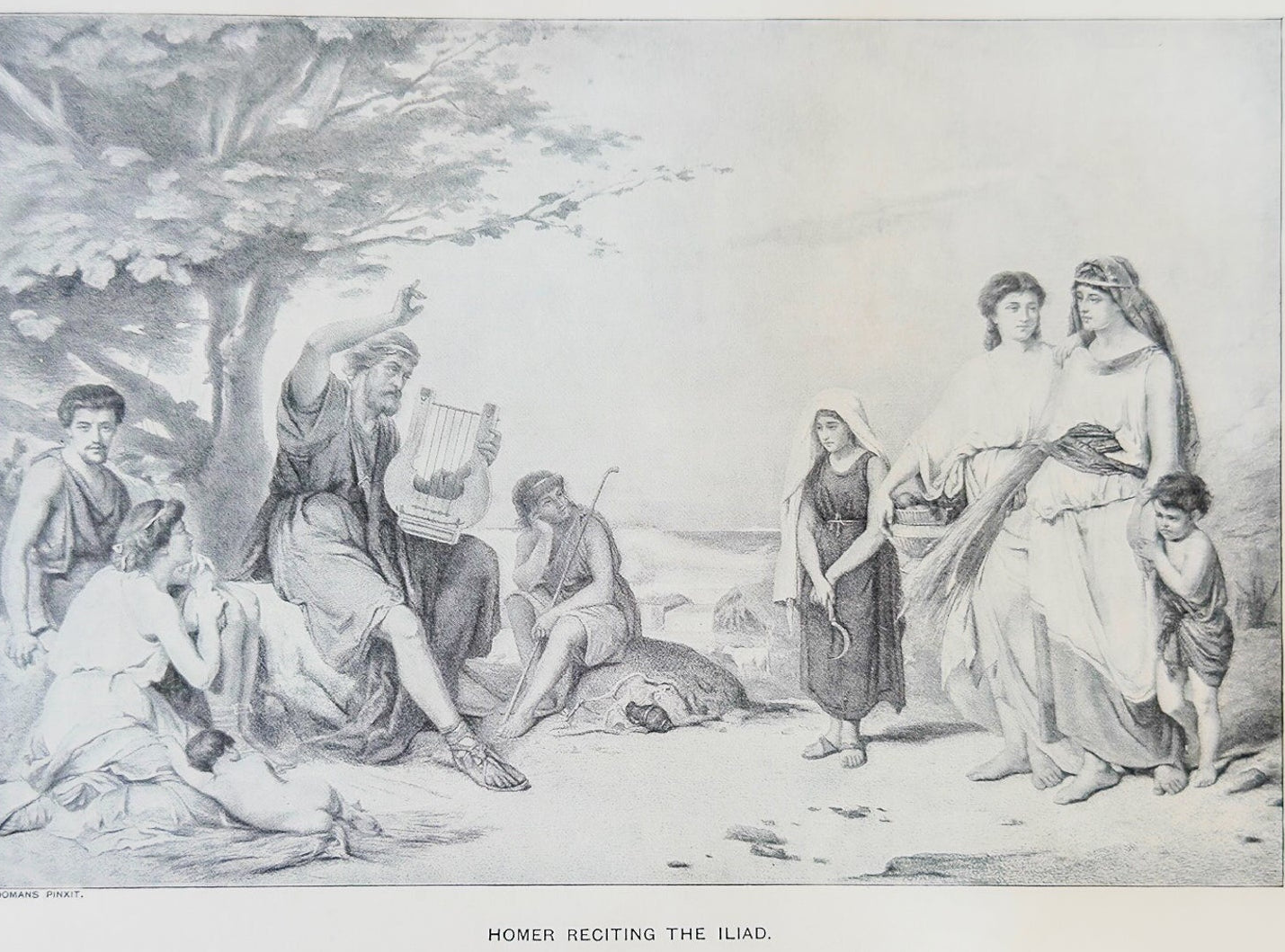 1894 Homer Reciting the Iliad Engraving Greek Poet Classical Literature Print