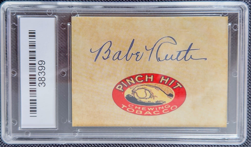 Vintage baseball card with Babe Ruth's signature and a red logo in protective clear casing.