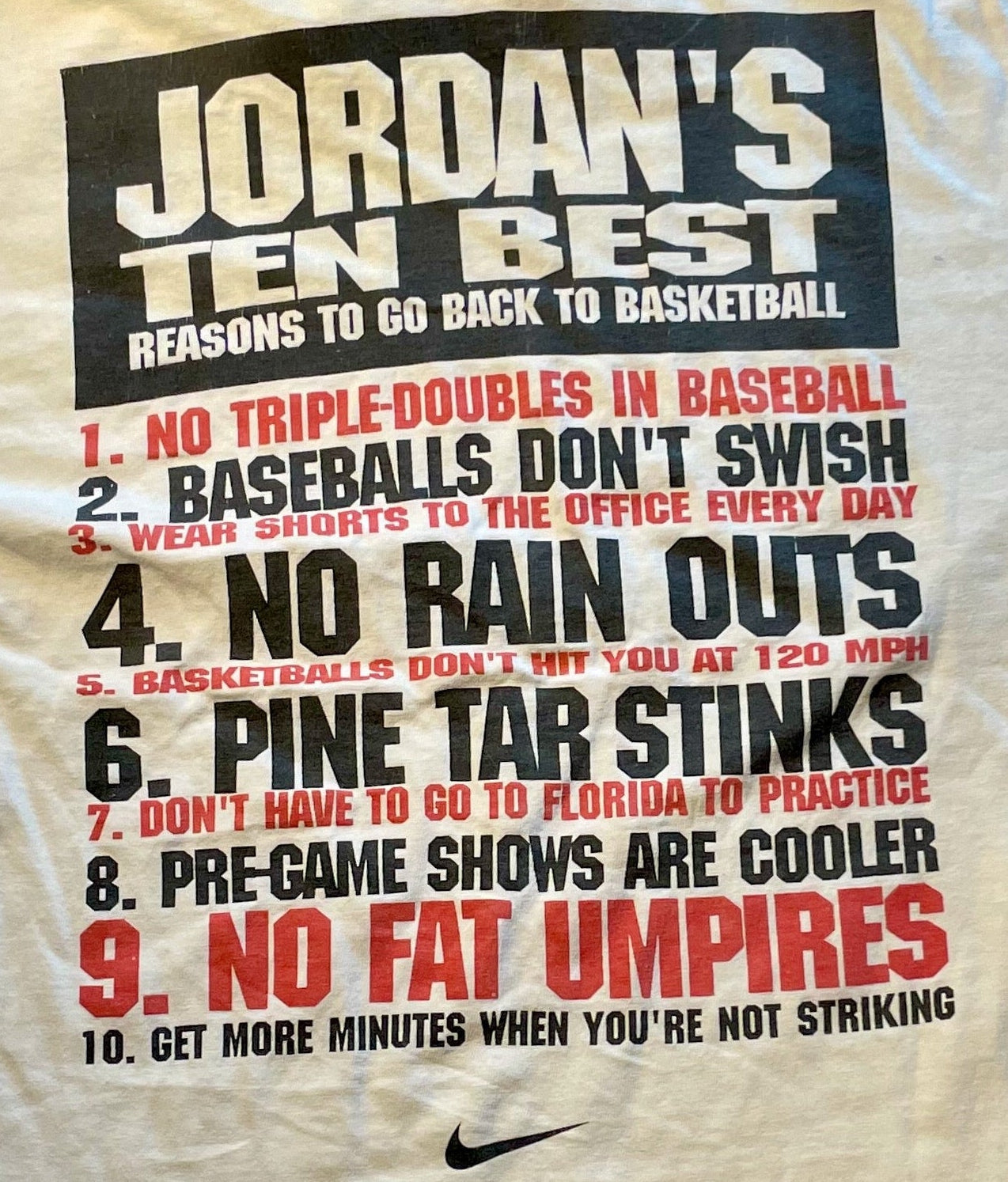 1995 Nike Michael Jordan Comeback T-Shirt Top Ten Reasons Return Bulls Vintage 90s Large