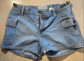 Blue denim shorts on a wooden surface