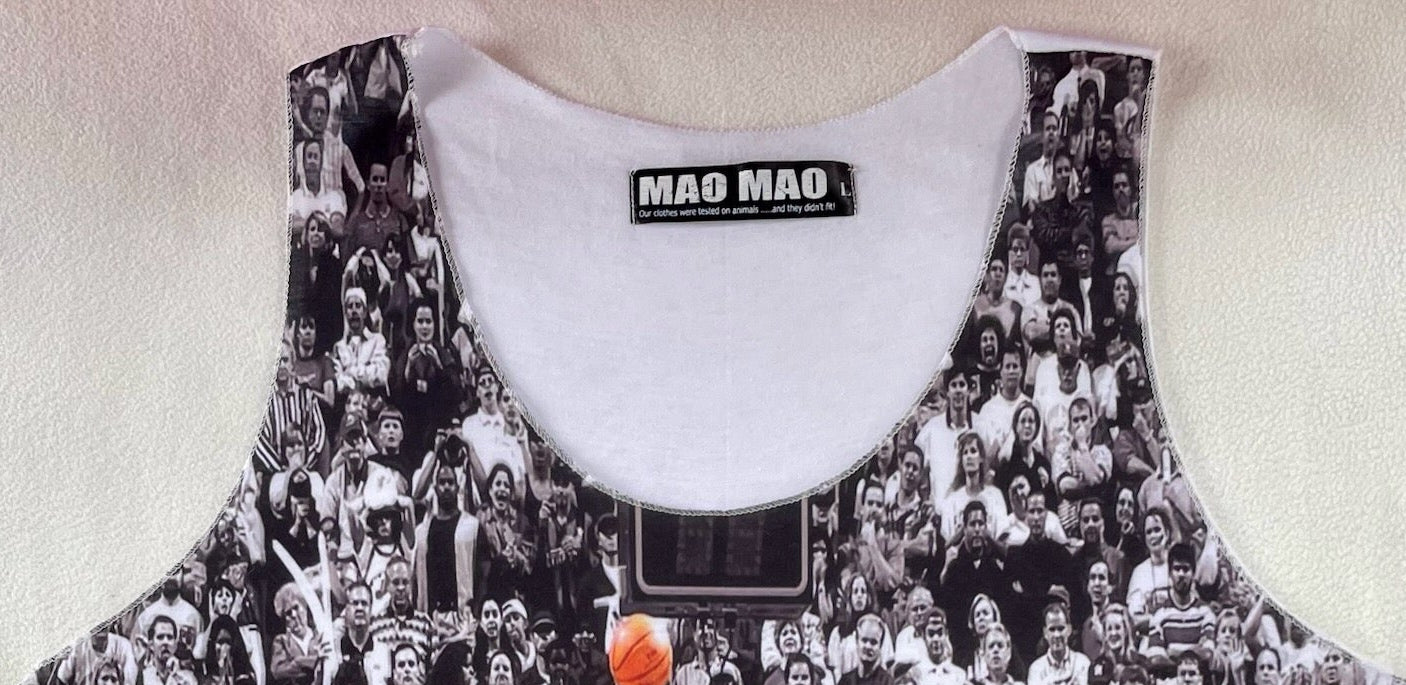 Tank top with basketball-themed graphic design on a white background