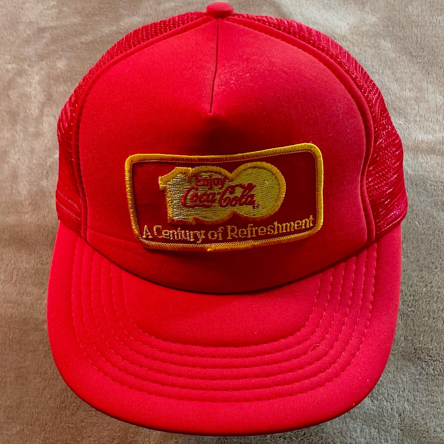 Vintage Coca-Cola “A Century of Refreshment” Red Mesh Trucker Snapback Hat Cap USA
