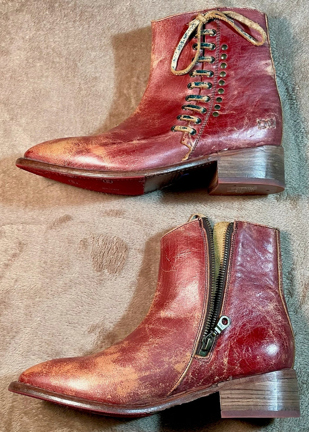 Bed|Stu Aldina Ankle Boots Women’s 8.5 Adobe Teal Lux Distressed Leather Lace-Up Zip Western