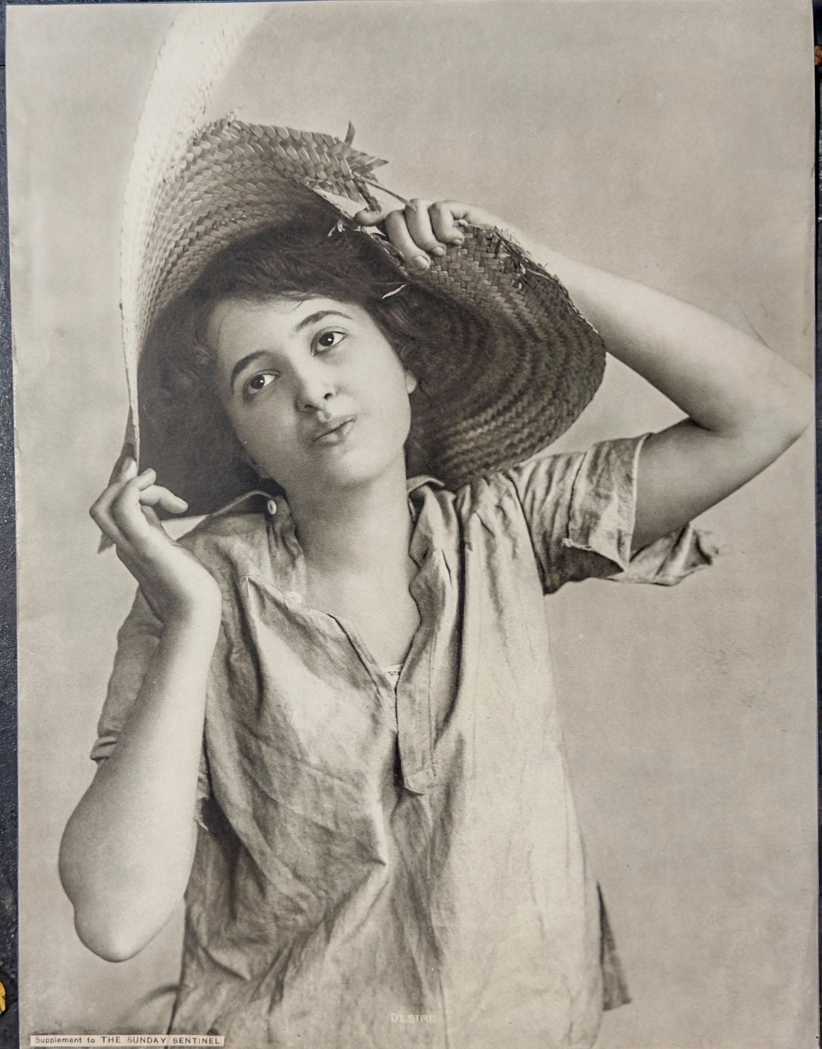 Antique “Desire” Sunday Sentinel Supplement Print c1900 Portrait Woman Straw Hat Art