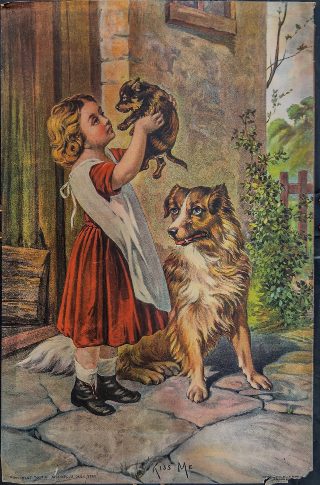 Kiss Me- Chicago Tribune Art Supplement • Girl Feeding Kittens & Dog Scene • 1907