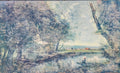 Landscape painting of a river with trees and a person in a kayak.