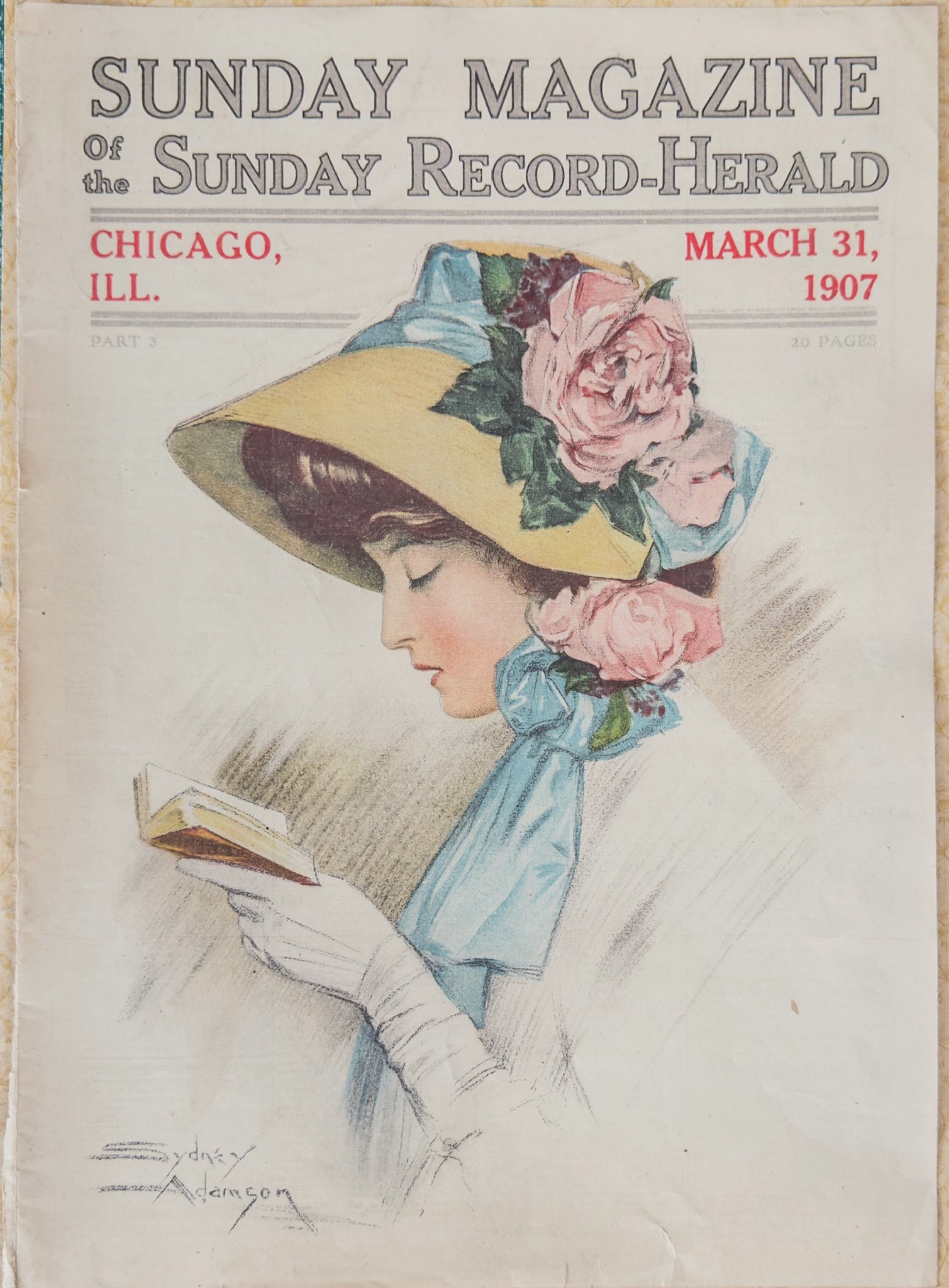 1907 Sunday Record-Herald Cover – Sydney Adamson Lady Portrait – Chicago Newspaper March 31 – Antique Edwardian Art