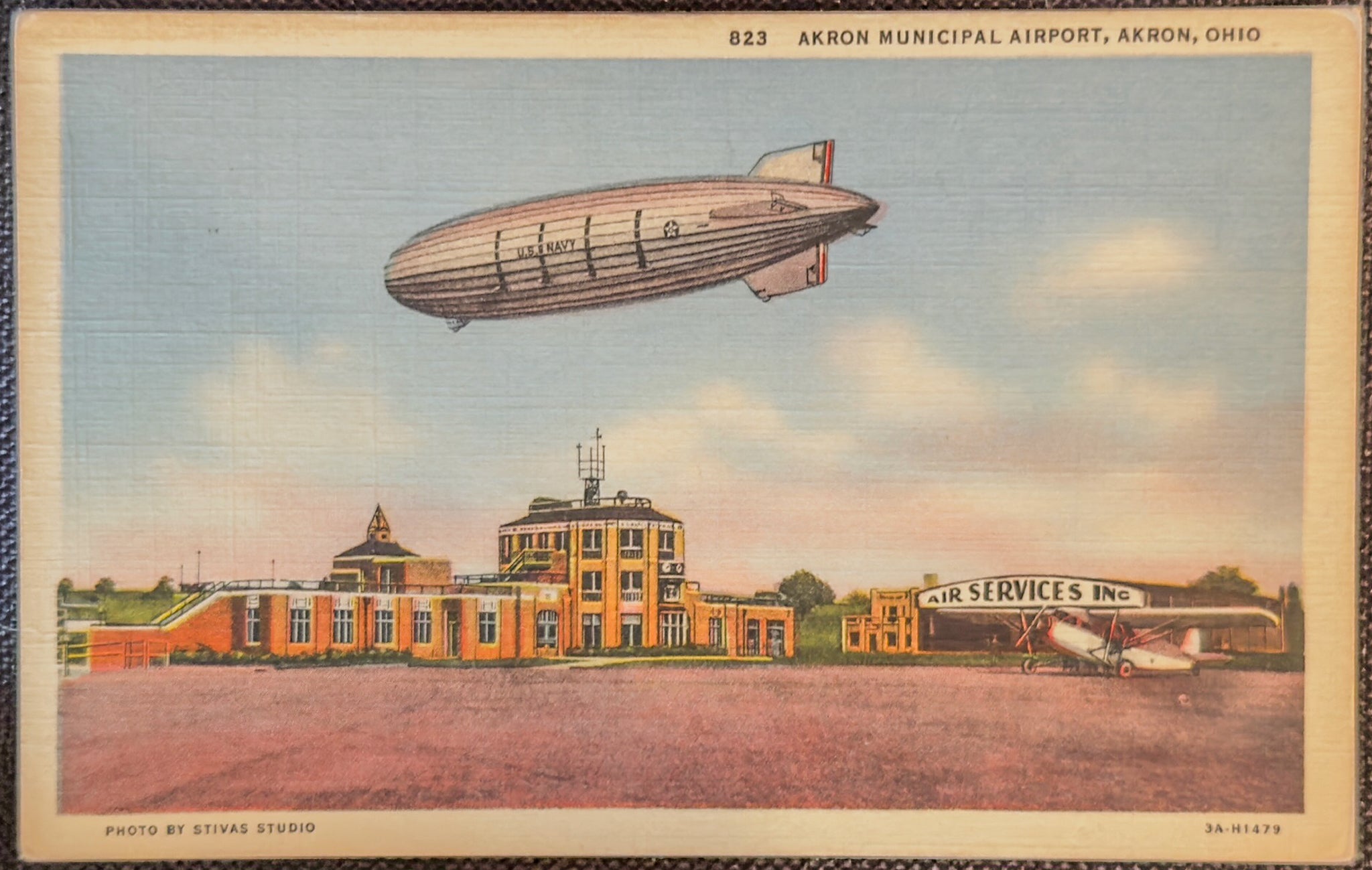 Akron Municipal Airport Postcard Ohio Airship Blimp Plane Aviation Vintage