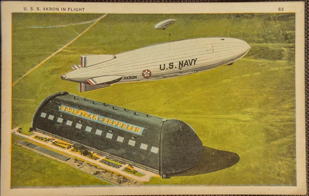 U.S.S. Akron in Flight Postcard Goodyear-Zeppelin Hangar Airship U.S. Navy