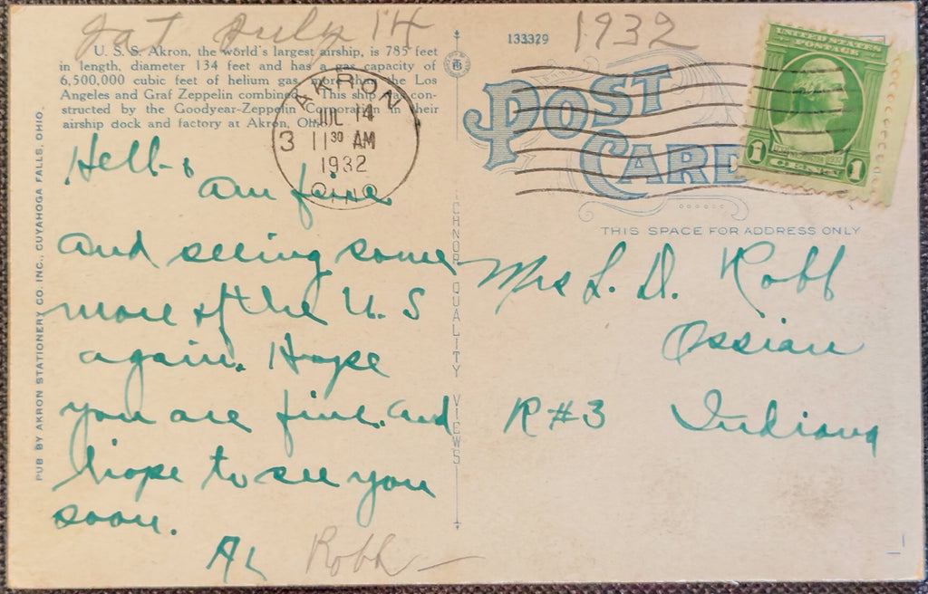 U.S.S. Akron in Flight Postcard Goodyear-Zeppelin Hangar Airship U.S. Navy