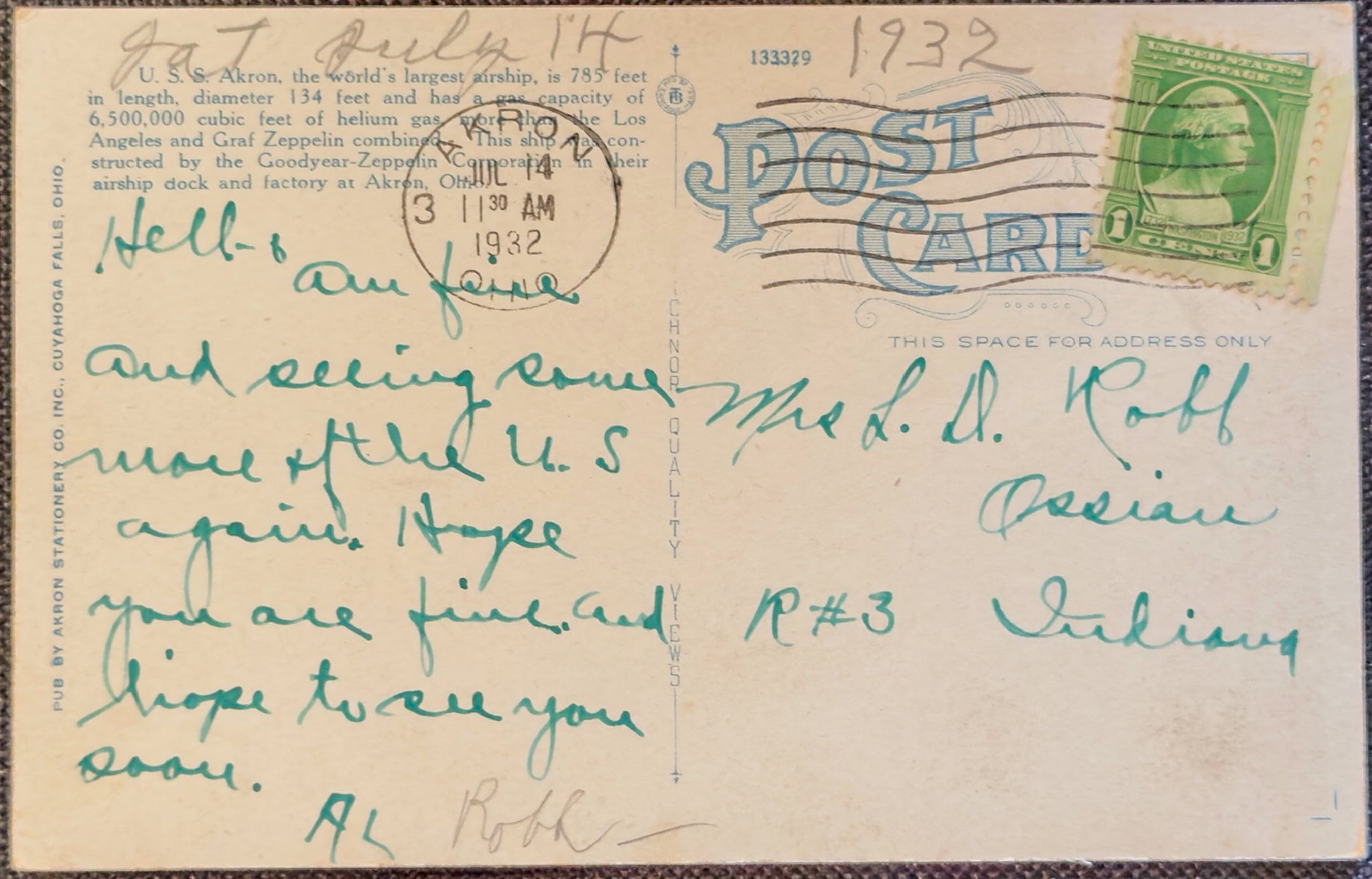 U.S.S. Akron in Flight Postcard Goodyear-Zeppelin Hangar Airship U.S. Navy