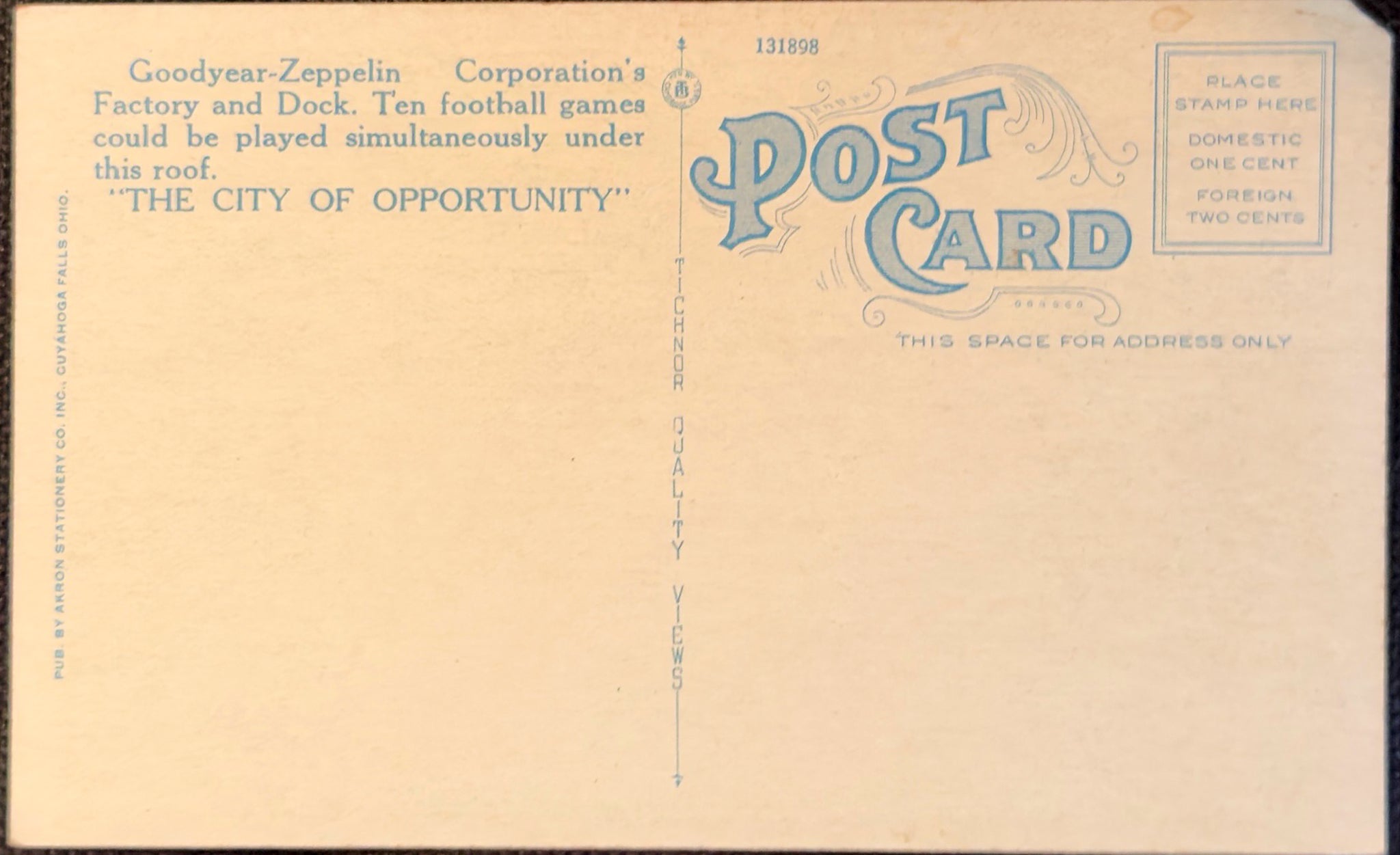 Vintage postcard with text and Goodyear-Zeppelin Corporation branding