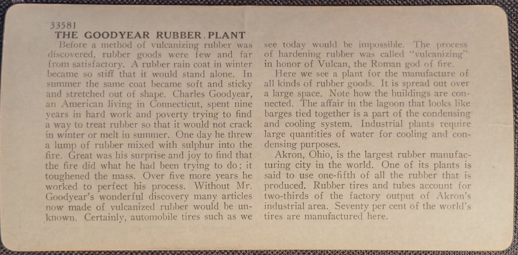 Vintage informational card about the Goodyear Rubber Plant with text on a textured background.