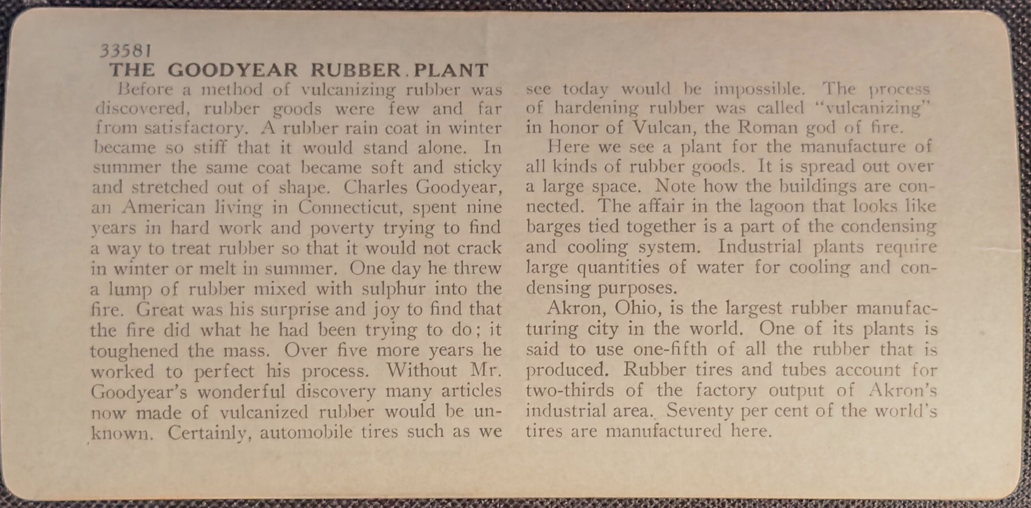 Vintage informational card about the Goodyear Rubber Plant with text on a textured background.