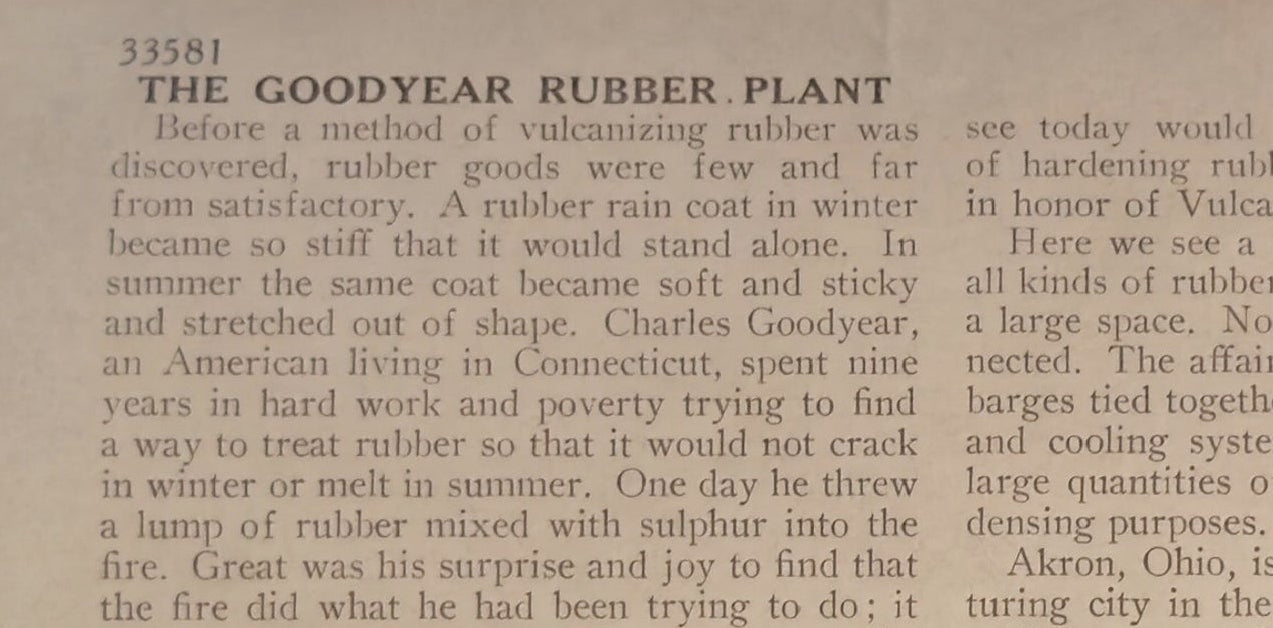 Vintage informational card about the Goodyear Rubber Plant with text on a textured background.