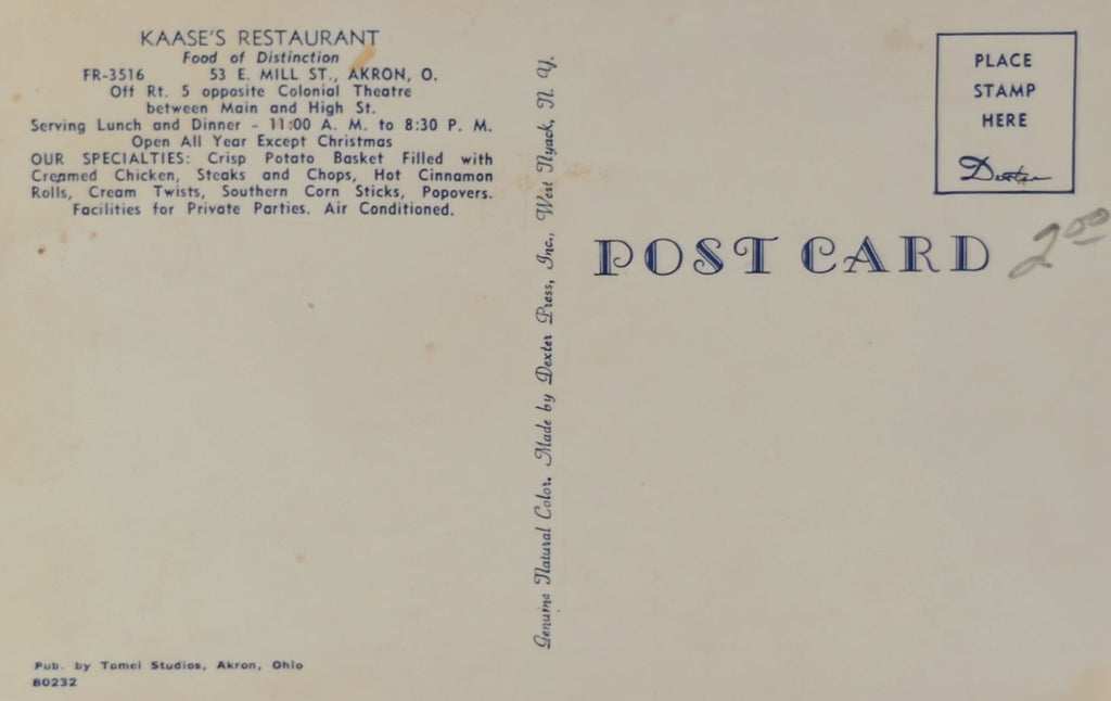 Back of a postcard with text about Kaase's Restaurant and a space for a stamp.