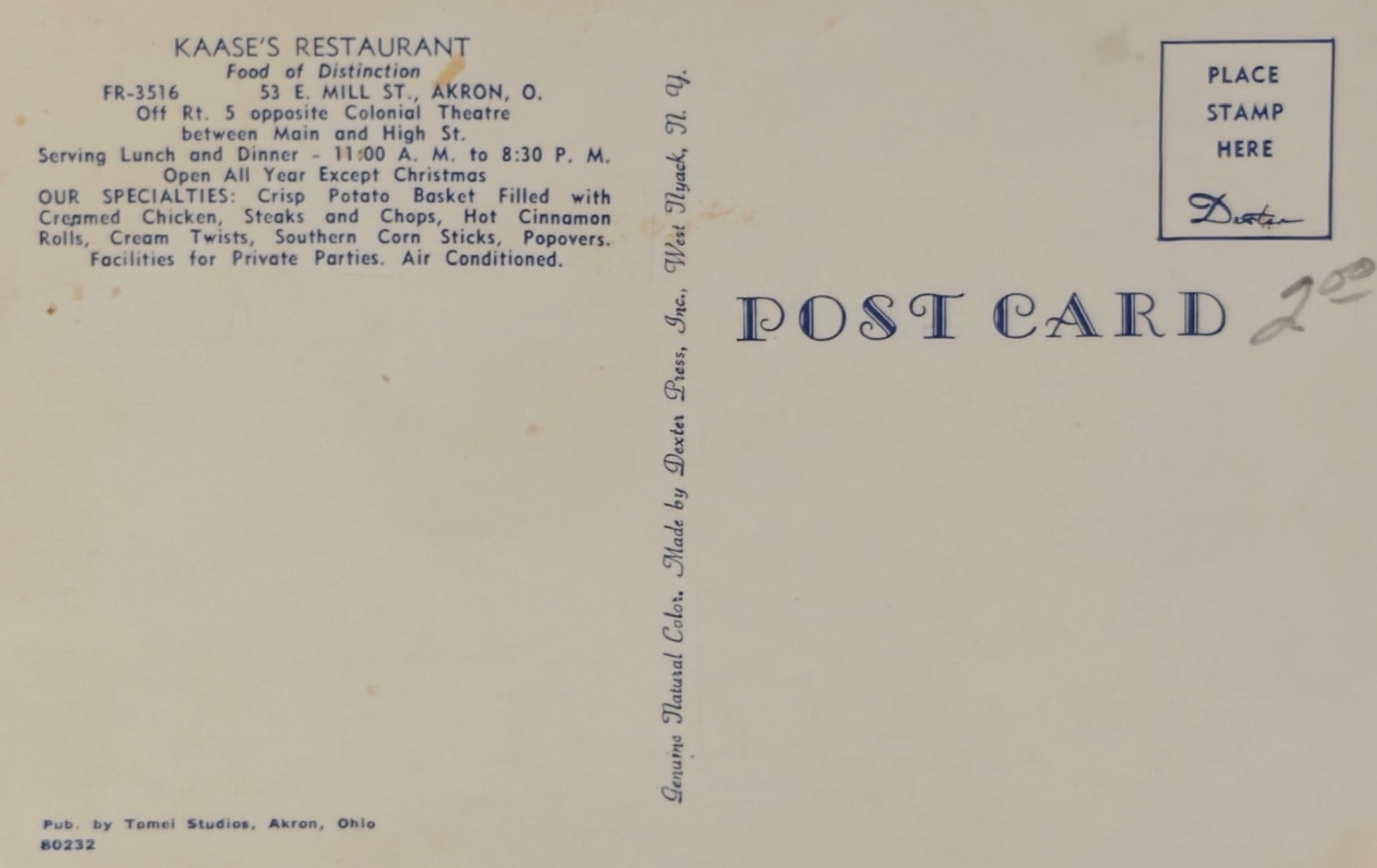 Back of a postcard with text about Kaase's Restaurant and a space for a stamp.