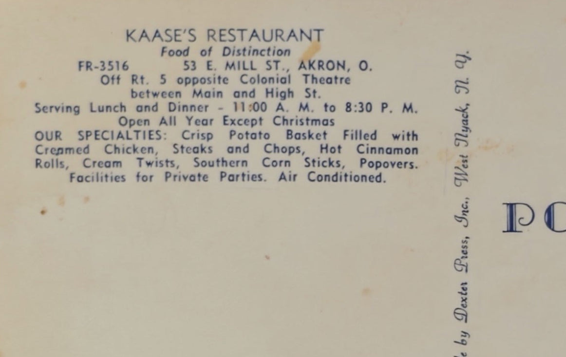 Back of a postcard with text about Kaase's Restaurant and a space for a stamp.