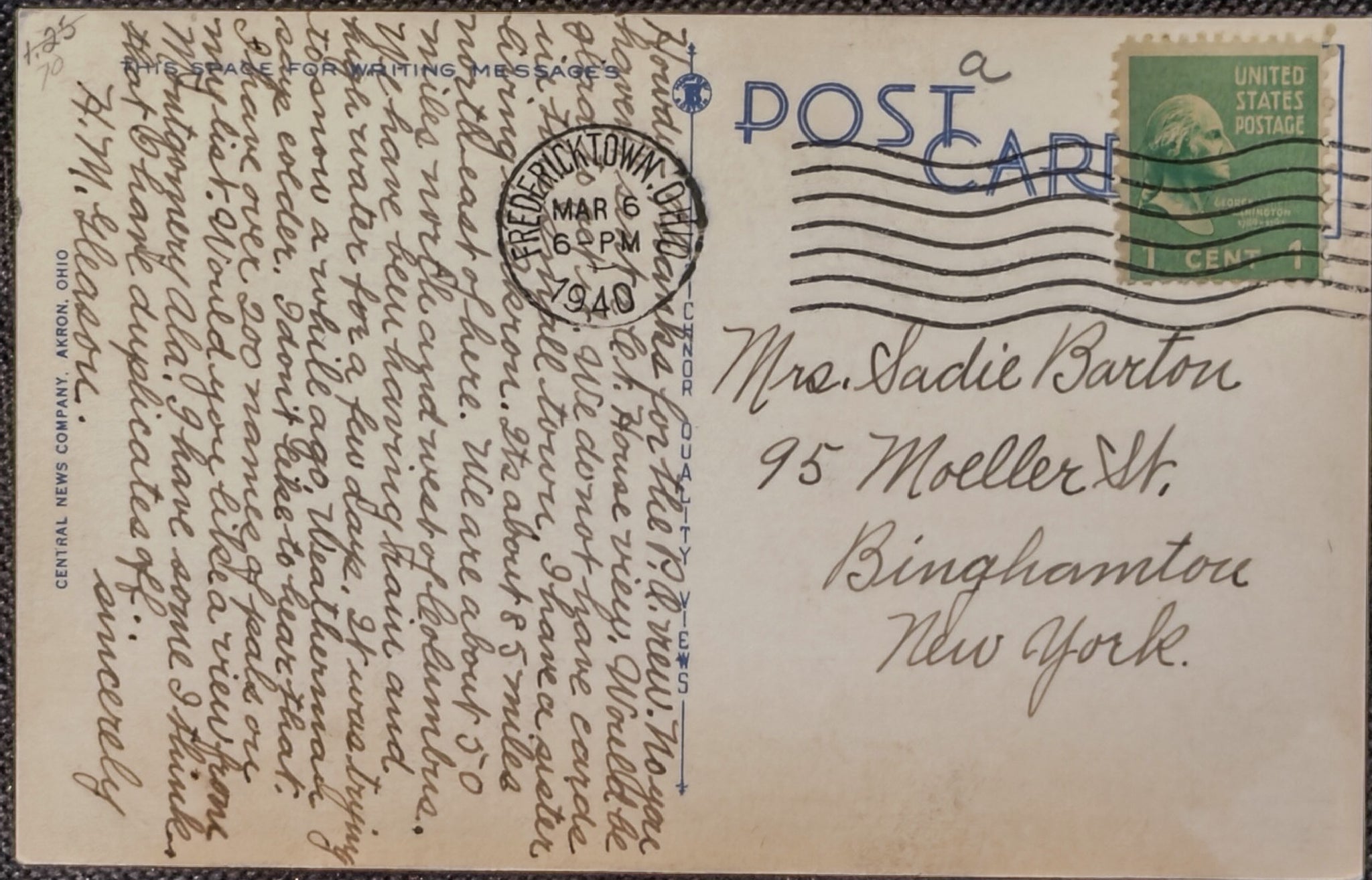 Vintage postcard with handwritten text, postage stamp, and postmark.