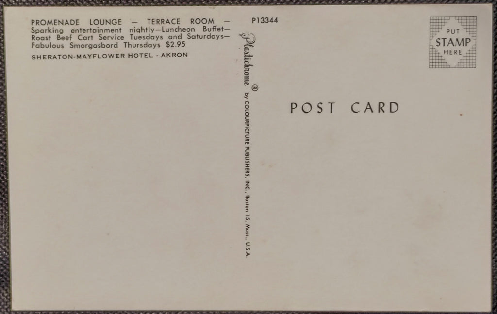 Back of a postcard from the Sheraton Mayflower Hotel in Akron with promotional text.