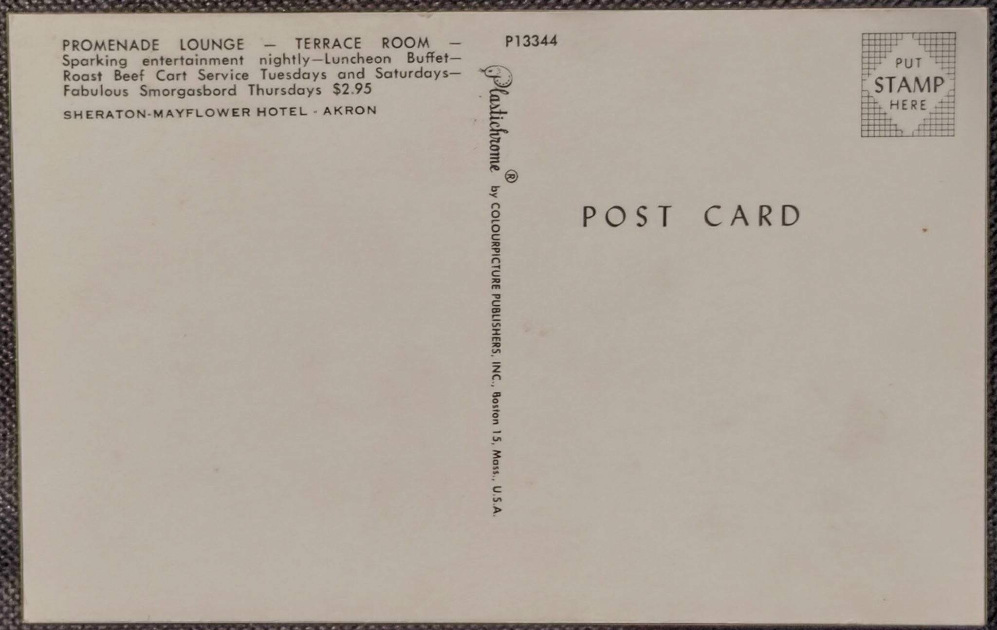 Back of a postcard from the Sheraton Mayflower Hotel in Akron with promotional text.
