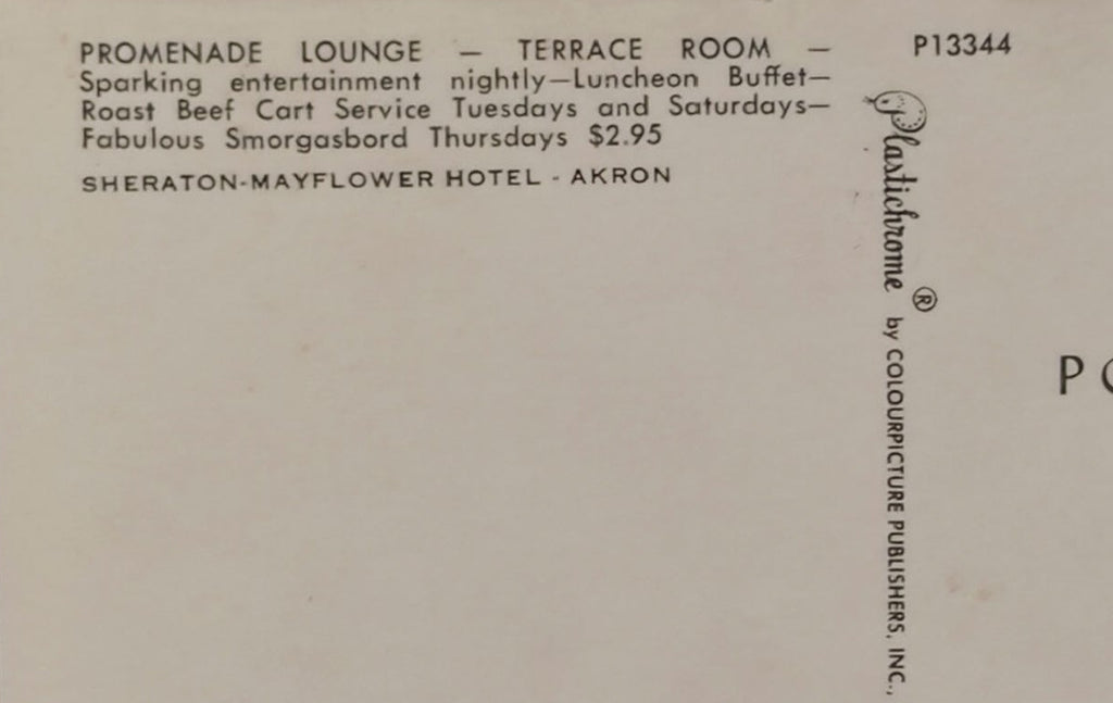 Back of a postcard from the Sheraton Mayflower Hotel in Akron with promotional text.