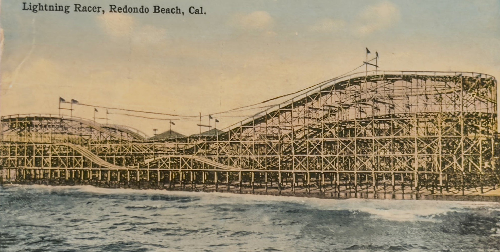 Antique Postcard Lightning Racer Roller Coaster Redondo Beach California Amusement Pier