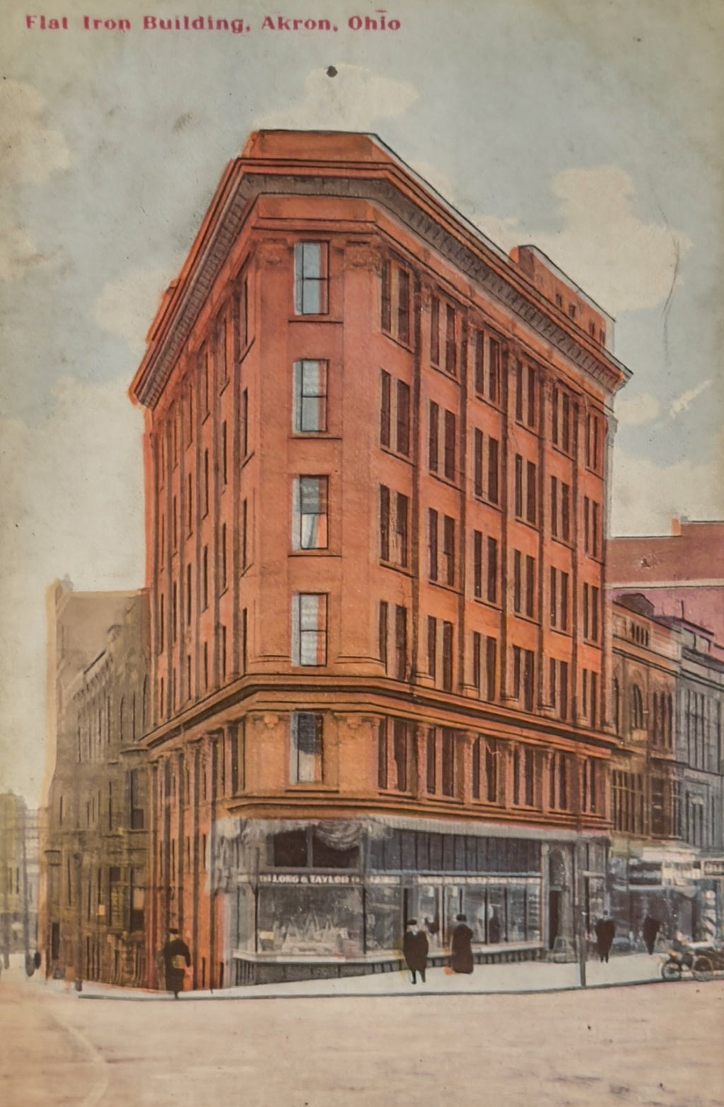 Antique Flat Iron Building Akron Ohio Postcard – Long & Taylor Co – Early 1900s Downtown Landmark