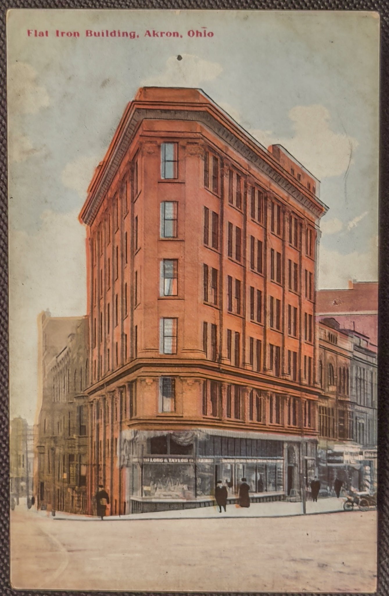 Antique Flat Iron Building Akron Ohio Postcard – Long & Taylor Co – Early 1900s Downtown Landmark