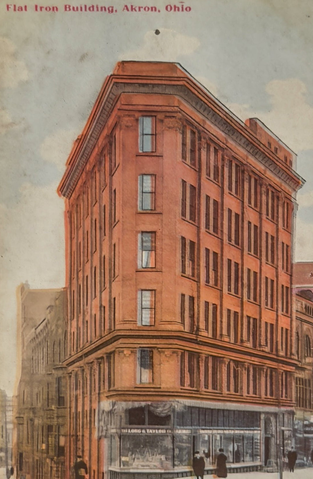 Antique Flat Iron Building Akron Ohio Postcard – Long & Taylor Co – Early 1900s Downtown Landmark