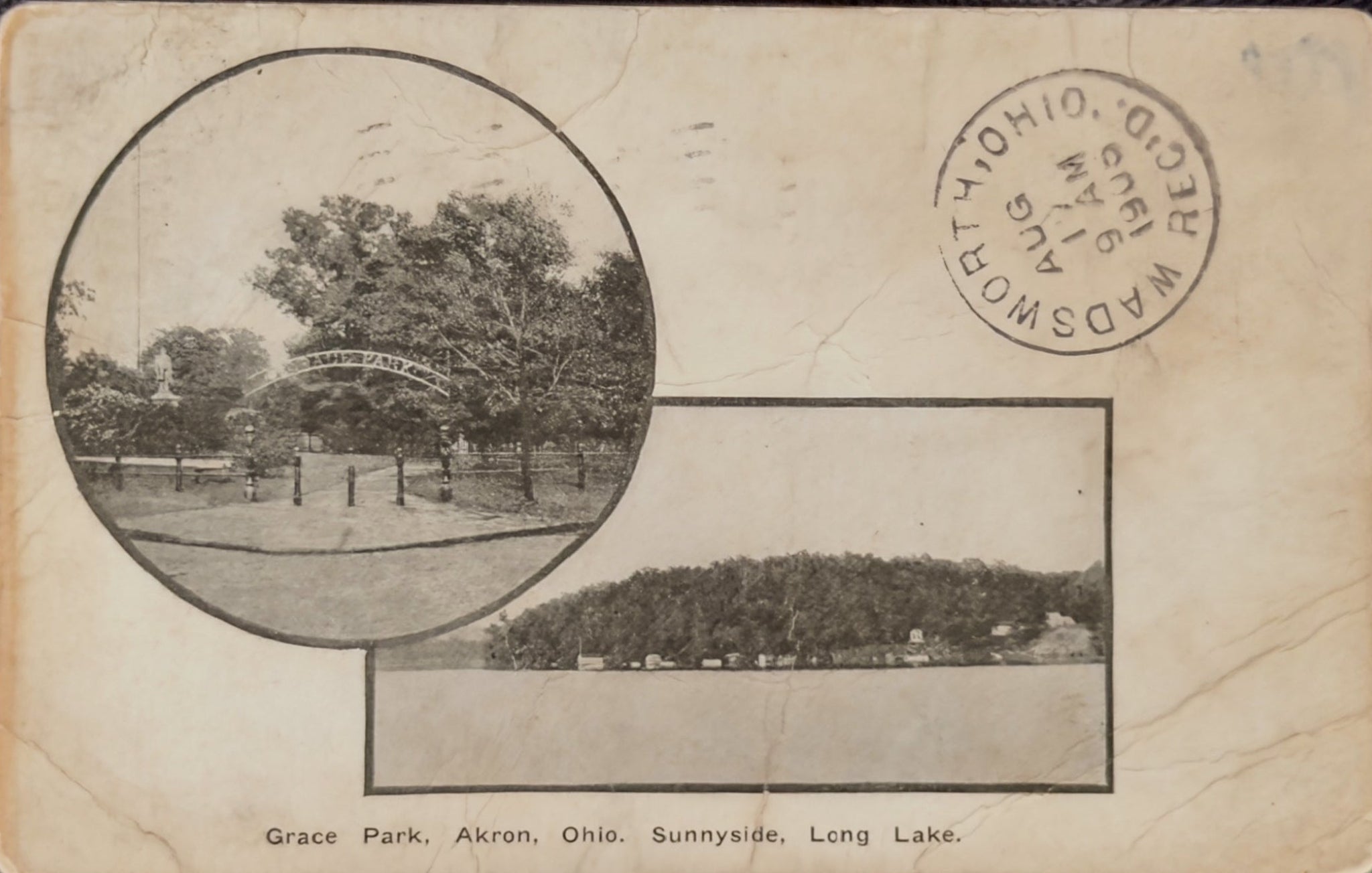 Vintage postcard of Grace Park, Akron, Ohio with scenic views and a stamp.