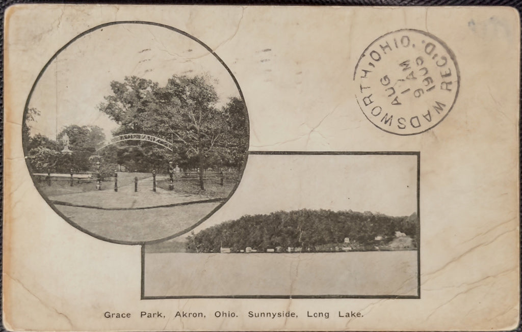 Vintage postcard of Grace Park, Akron, Ohio with scenic views and a stamp.