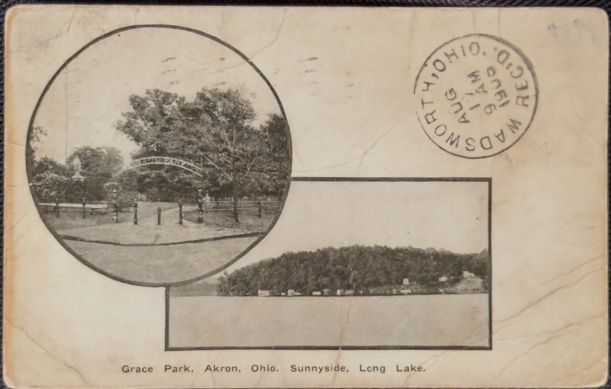 Vintage postcard of Grace Park, Akron, Ohio with scenic views and a stamp.