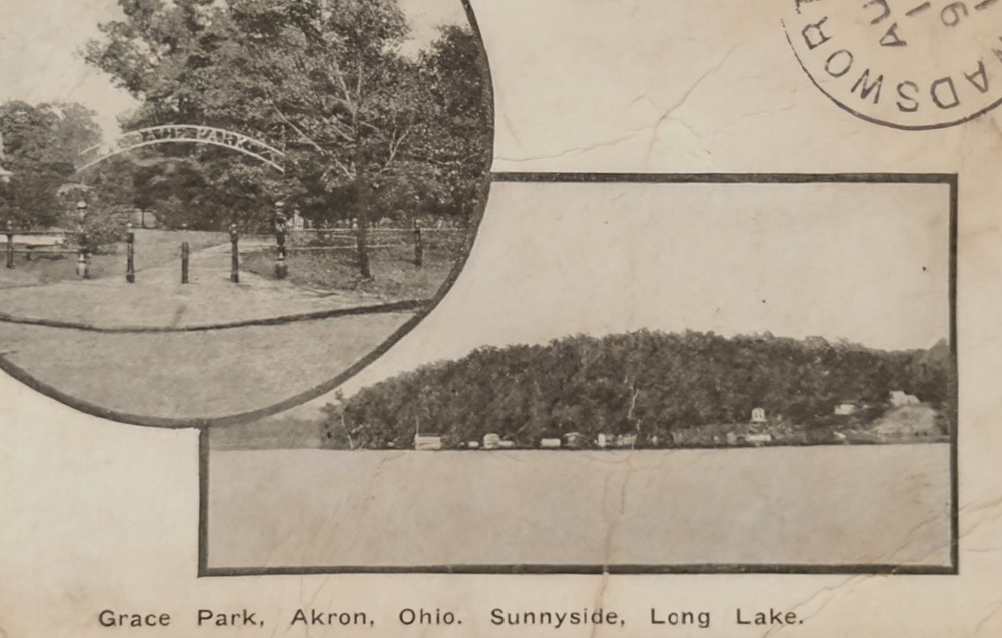 Vintage postcard of Grace Park, Akron, Ohio with scenic views and a stamp.