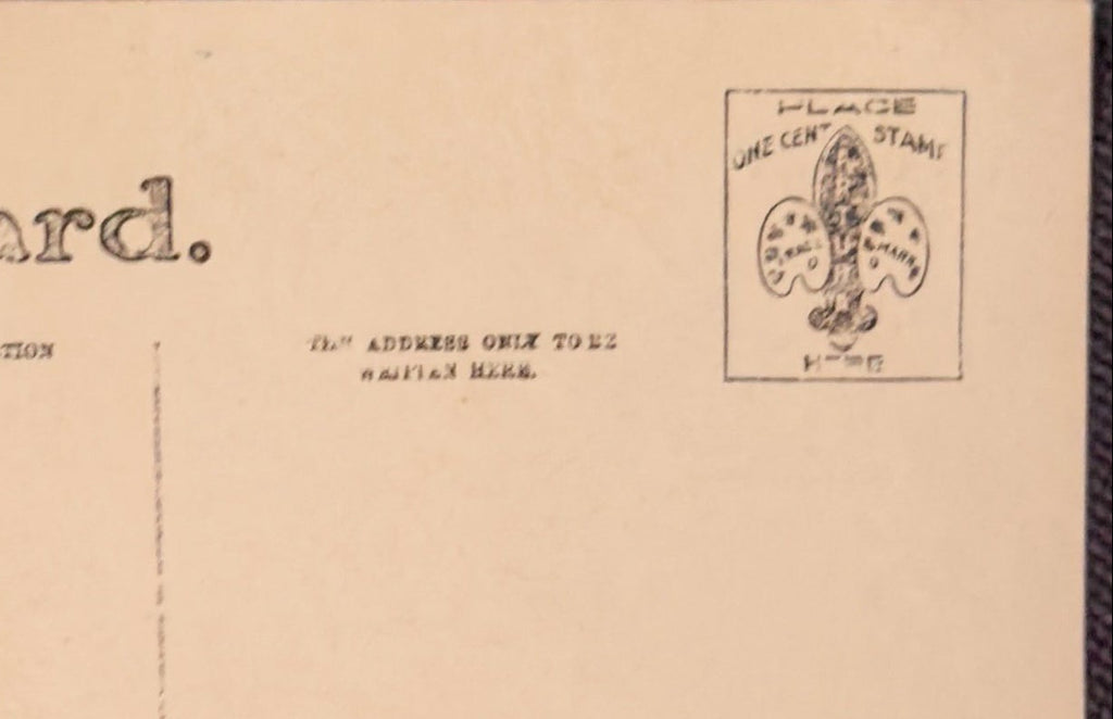 Back of a vintage postcard with text and a logo.