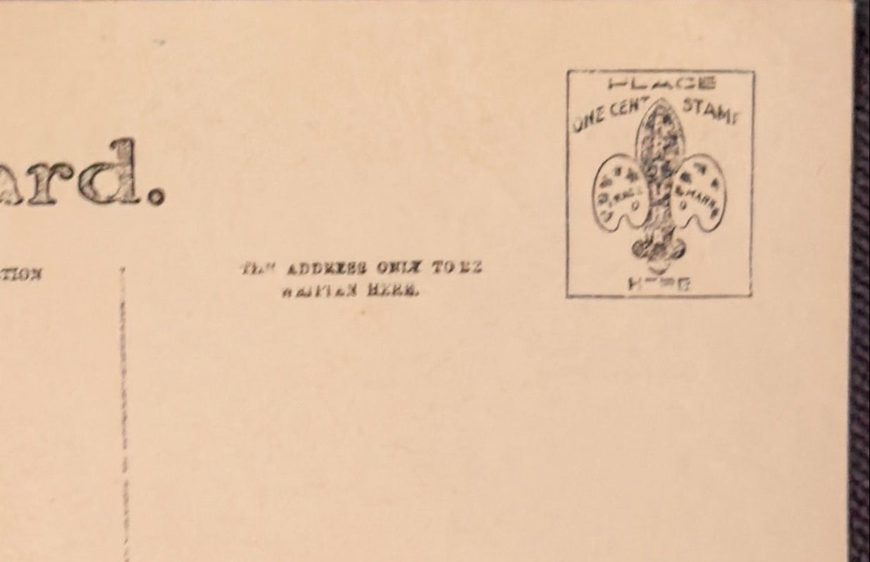 Back of a vintage postcard with text and a logo.