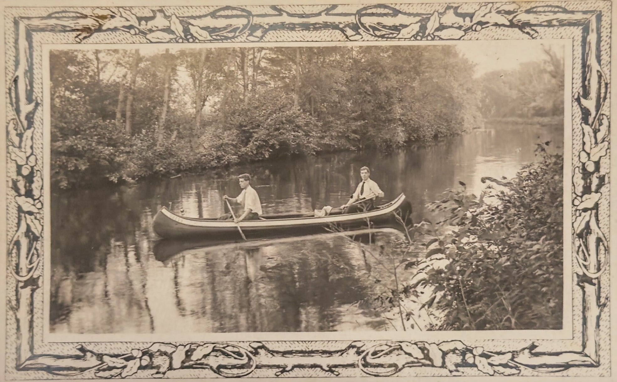 Antique Canoe River Postcard Scenic Boating View Ornate Art Nouveau Border Vintage Nature Card Early 1900s