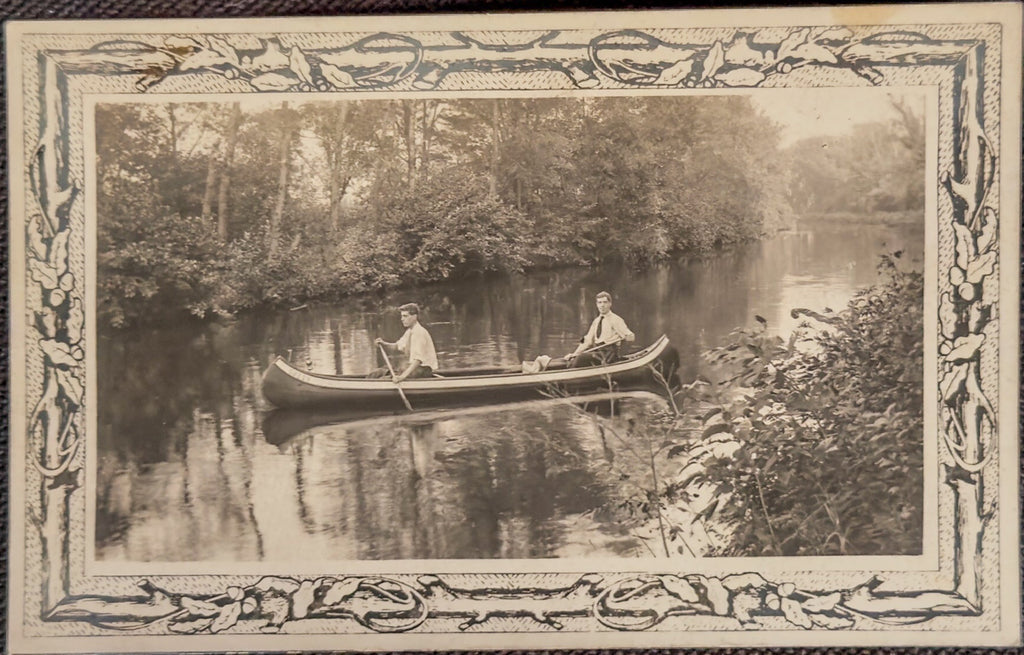Antique Canoe River Postcard Scenic Boating View Ornate Art Nouveau Border Vintage Nature Card Early 1900s