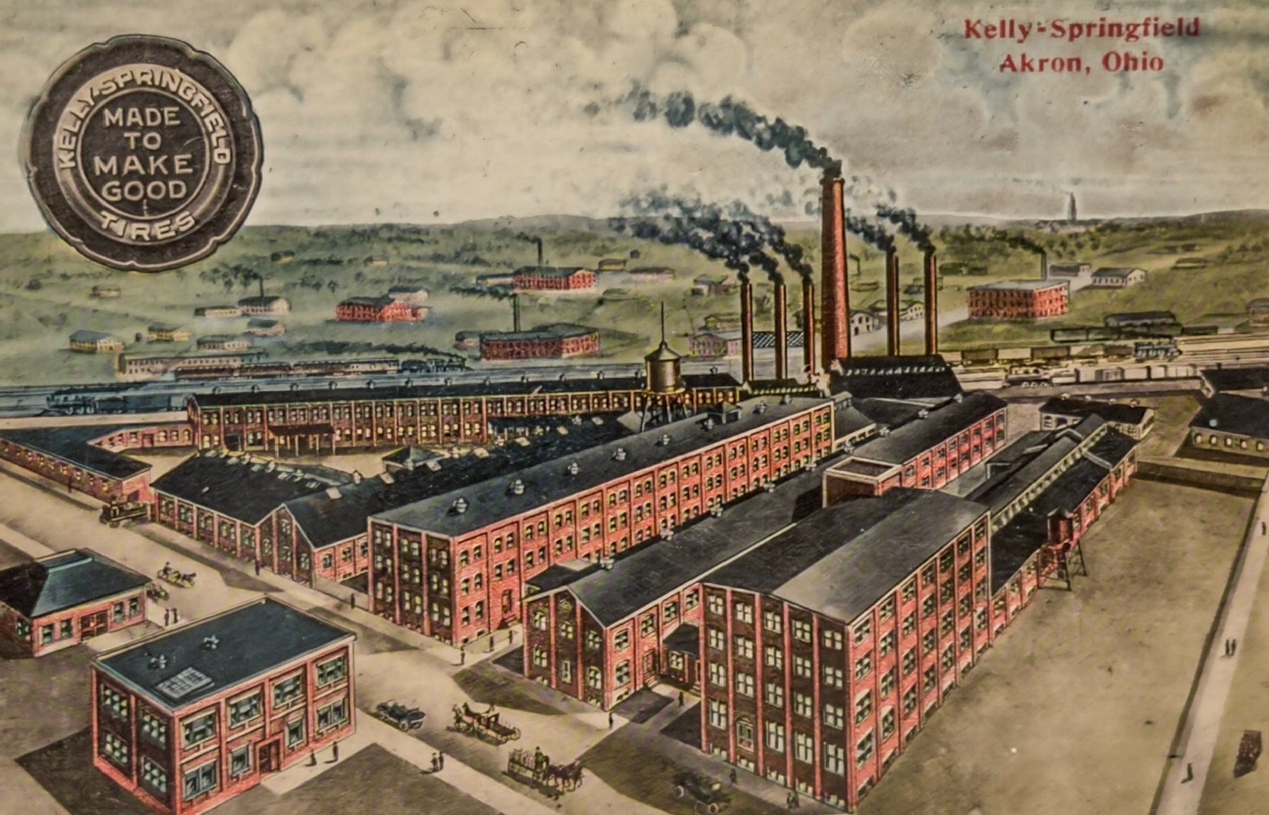 Vintage illustration of a factory complex with smokestacks and 'Made to Make Good' label.