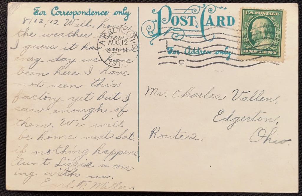 Vintage postcard with text and postage stamp, addressed to Mr. Charles Valles in Edgartoft, Ohio.