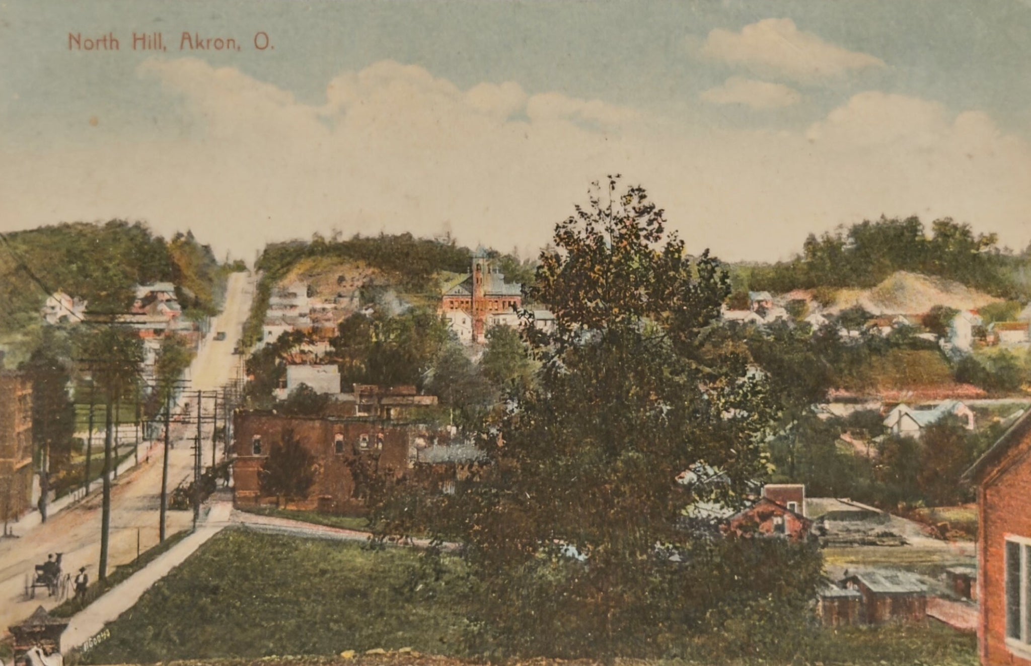 Vintage postcard of a scenic view of a small town with houses and roads, labeled 'North Hill, Akron, O'.