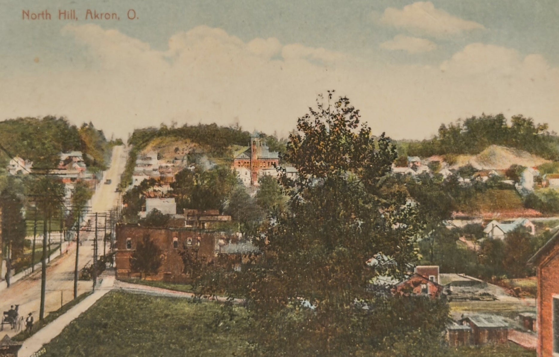 Vintage postcard of a scenic view of a small town with houses and roads, labeled 'North Hill, Akron, O'.
