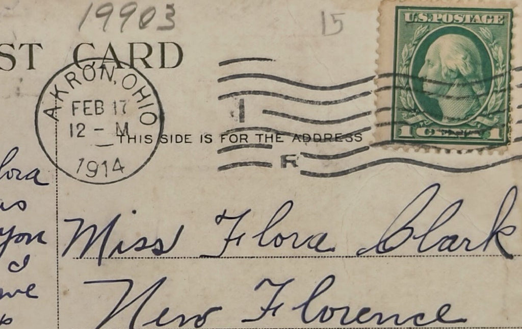 Vintage postcard with text and postage stamp, addressed to Miss Flora Black in New Florence, Pennsylvania.