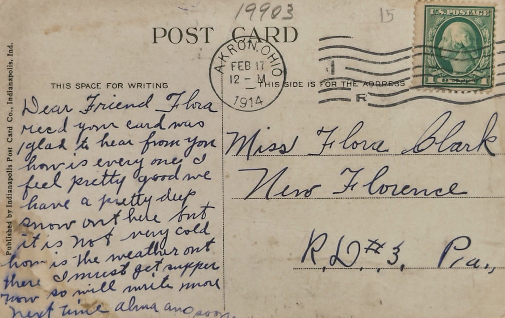 Vintage postcard with text and postage stamp, addressed to Miss Flora Black in New Florence, Pennsylvania.