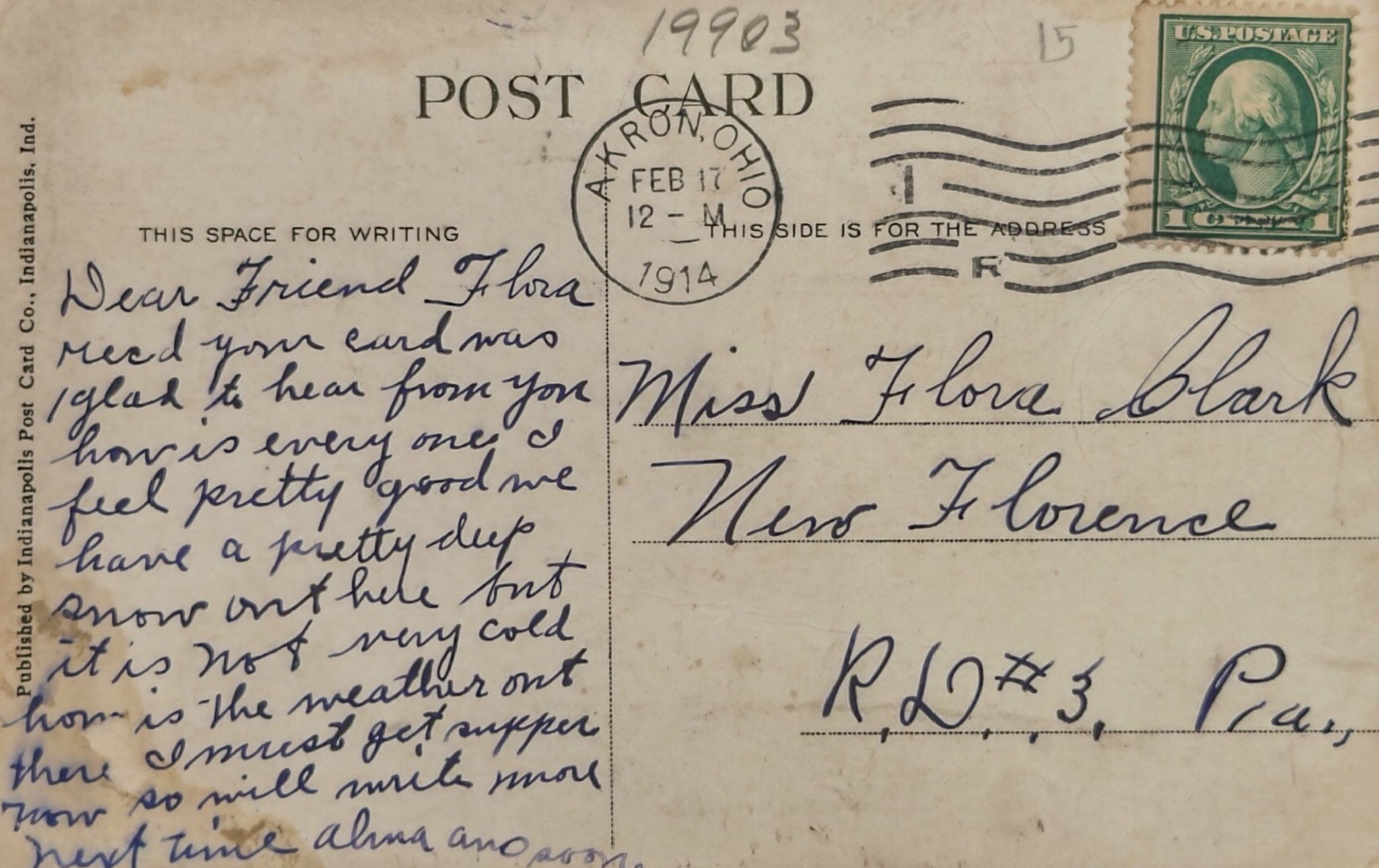 Vintage postcard with text and postage stamp, addressed to Miss Flora Black in New Florence, Pennsylvania.