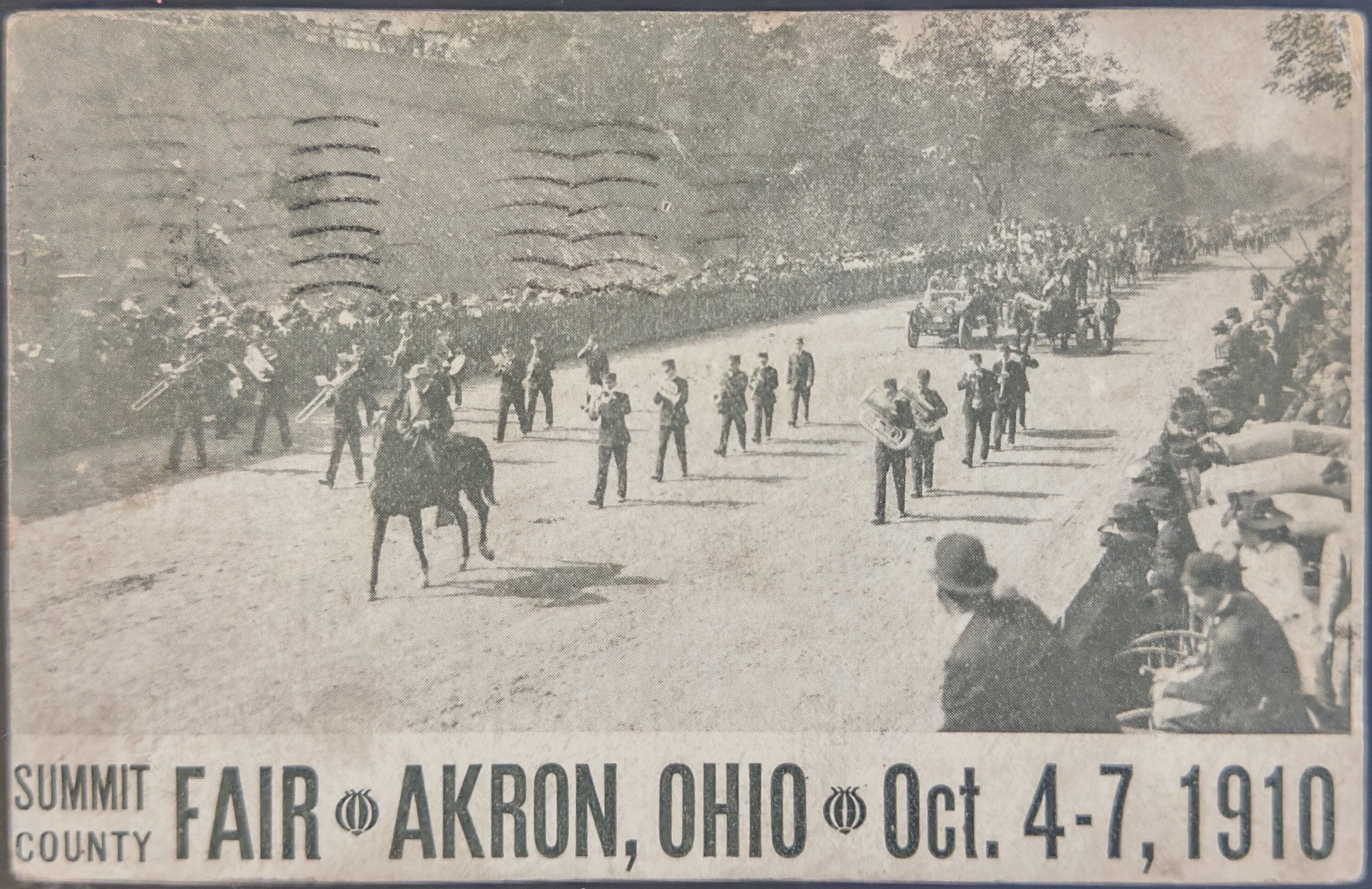 1910 Summit County Fair Akron Ohio Postcard Oct 4–7 1910 Parade Band Scene Mailed w/ Stamp