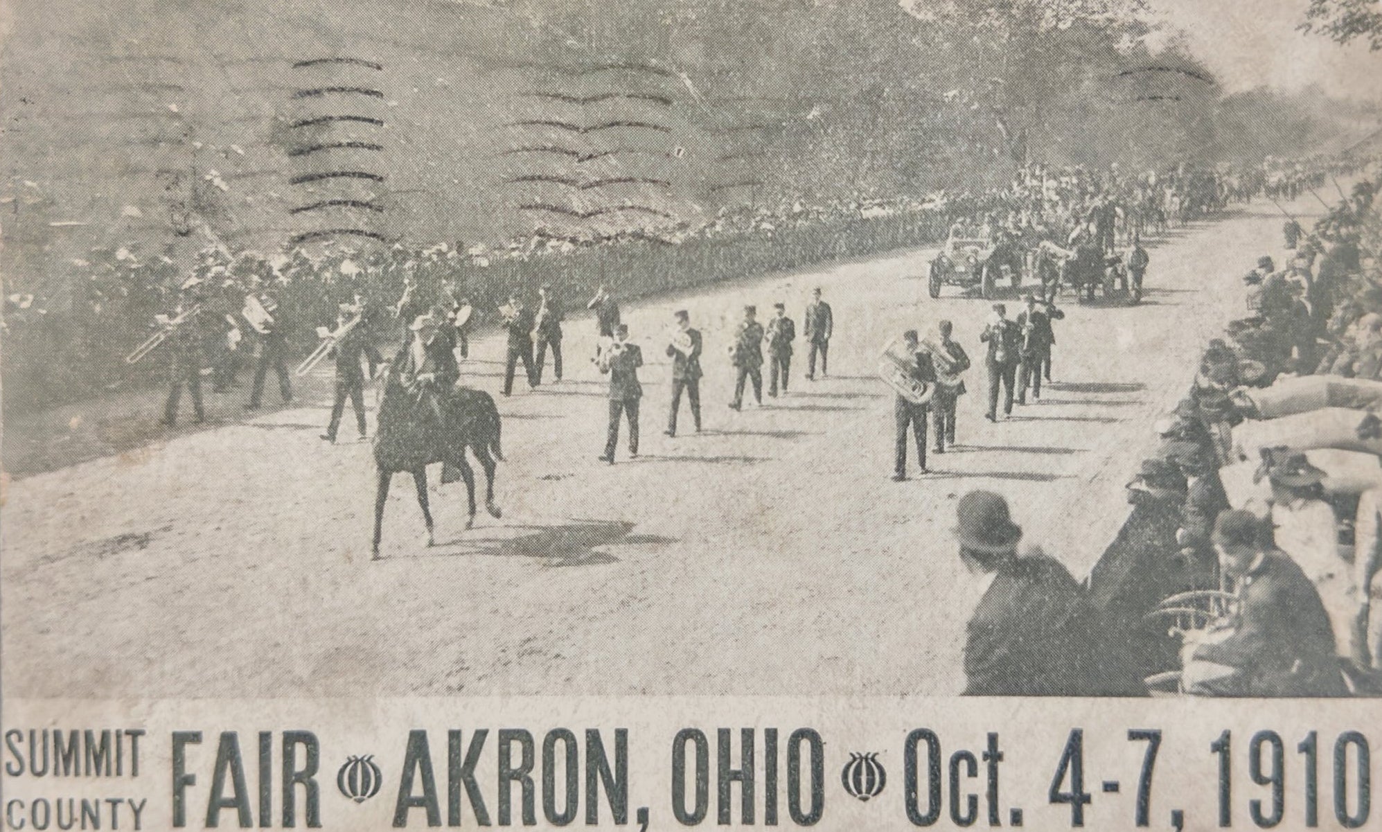 1910 Summit County Fair Akron Ohio Postcard Oct 4–7 1910 Parade Band Scene Mailed w/ Stamp