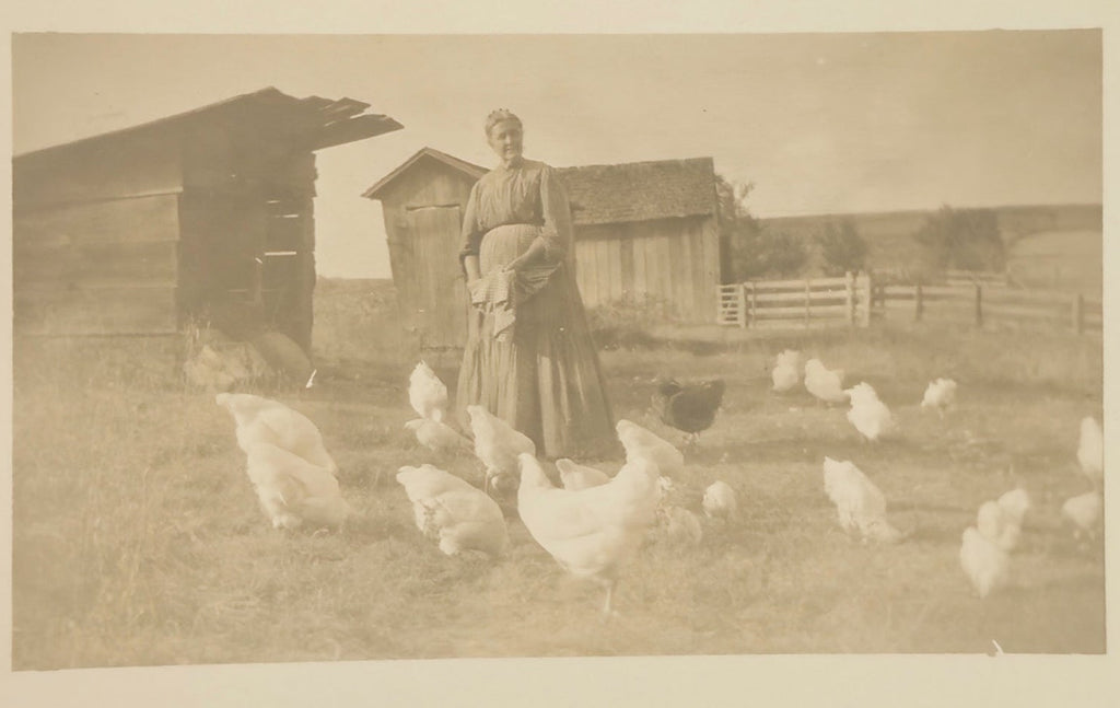 Woman standing with chickens in a rural setting