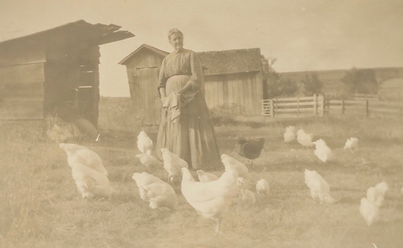 Woman standing with chickens in a rural setting